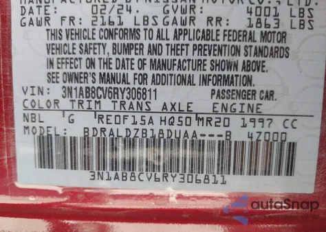 2024 Nissan Sentra Sv Xtronic Cvt из США, поврежденный, VIN 3N1AB8CV6RY306811